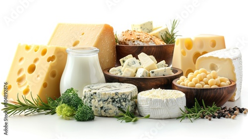 Assorted types of cheese and dairy products on white background © Wanlop