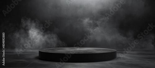Podium black dark and smoke background product platform abstract stage texture fog spotlight. 