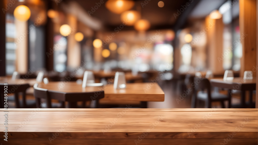 Image of empty wooden table in front of abstract blurred restaurant background