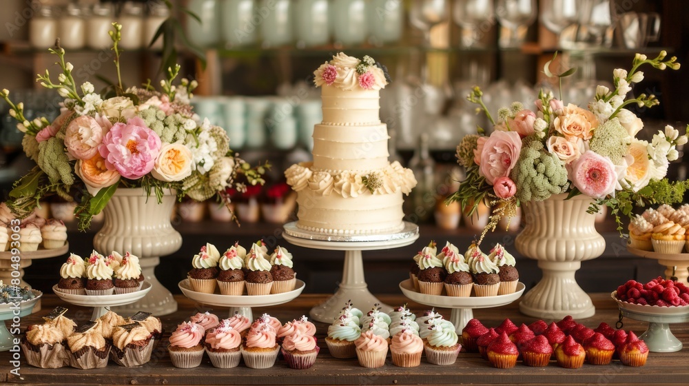 Scrumptious cupcakes and a multi-tiered wedding cake take center stage at this elegant dessert table.