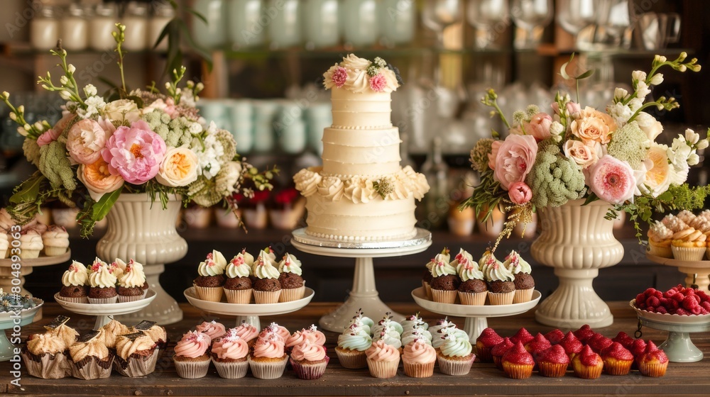 Scrumptious cupcakes and a multi-tiered wedding cake take center stage at this elegant dessert table. Scrumptious cupcakes and a multi-tiered wedding cake take center stage at this elegant dessert table.