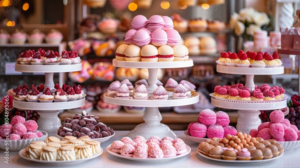 A beautiful display of pink and white desserts on white cake stands.