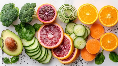 A variety of fruits and vegetables are arranged on a white background. The image is shot from a top-down perspective.