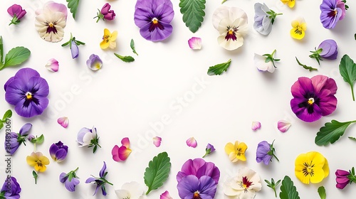 Viola pansy flower banner. Colorful spring flowers and leaves collection isolated on white background. Creative layout. Floral design element. Springtime and easter concept. flat lay. Generative Ai