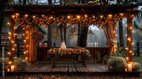 A beautiful outdoor wedding ceremony is held in a forest. The wooden structure is decorated with orange and yellow flowers. photo