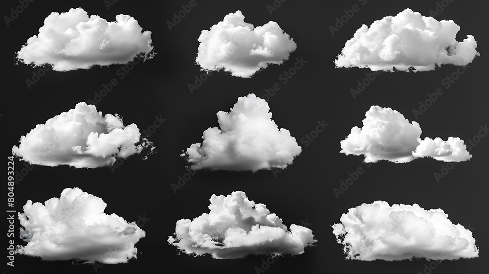 White clouds collection isolated on black background, cloud set on black. Generative Ai White clouds collection isolated on black background, cloud set on black. Generative Ai