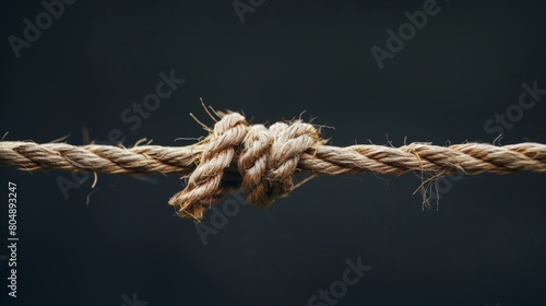 Artistic representation of a nearly broken rope, focusing on the frayed texture, set against a minimalist dark background