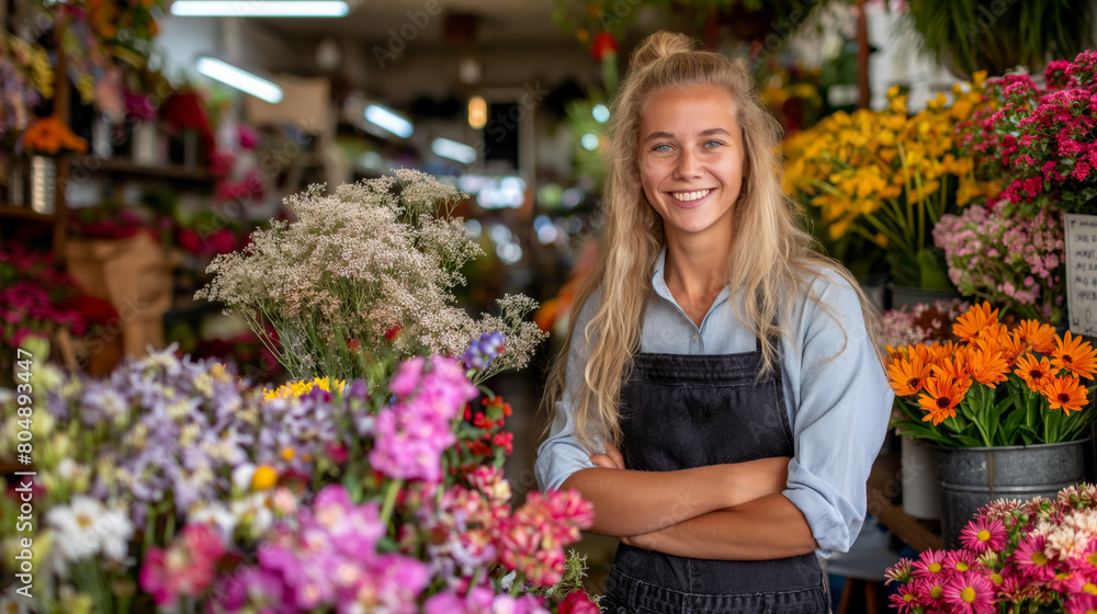 A smiling woman in a flower shop surrounded by colorful blooms, with a natural light setting, Generative AI