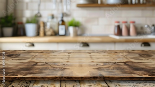 Wood table top on blurred kitchen background. can be used mock up for montage products display or design layout. Generative Ai