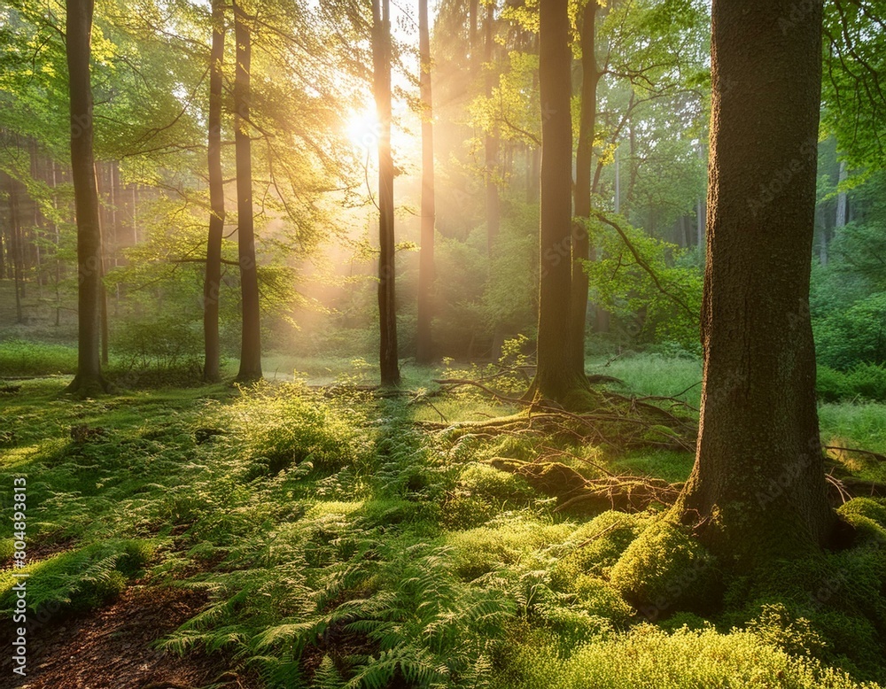 Obraz premium The gentle morning sun filters through the lush forest canopy, illuminating the verdant surroundings and creating a tranquil, ethereal atmosphere of natural beauty.
