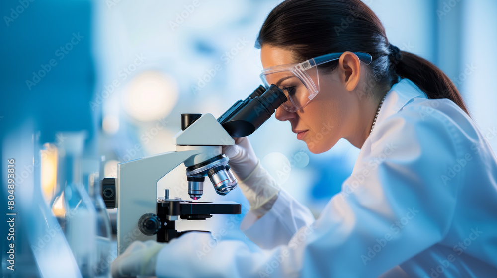 A woman scientist using a microscope in a lab, with a focus on biology research, on a blurred blue background, reflecting the concept of scientific study. Generative AI A woman scientist using a microscope in a lab, with a focus on biology research, on a blurred blue background, reflecting the concept of scientific study. Generative AI