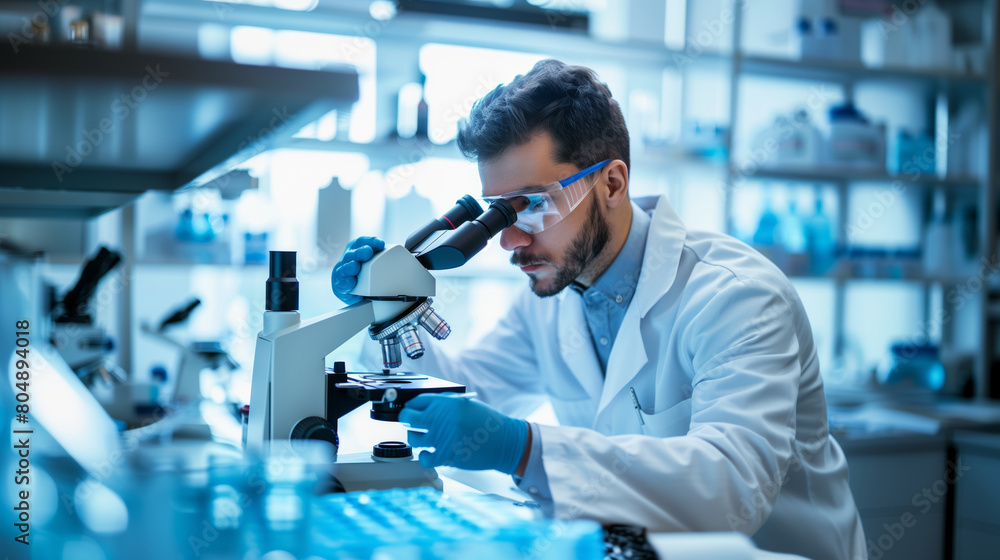 A man scientist using a microscope in a lab, concept of research in biology and microbiology. Generative AI A man scientist using a microscope in a lab, concept of research in biology and microbiology. Generative AI