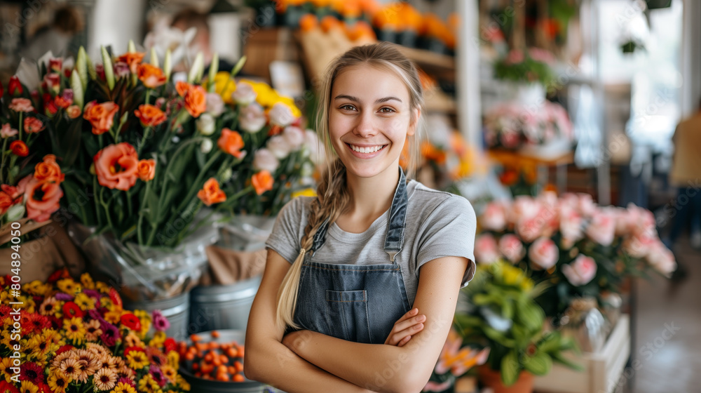 Smiling woman in a flower shop surrounded by colorful bouquets, concept of a happy florist at work, Generative AI