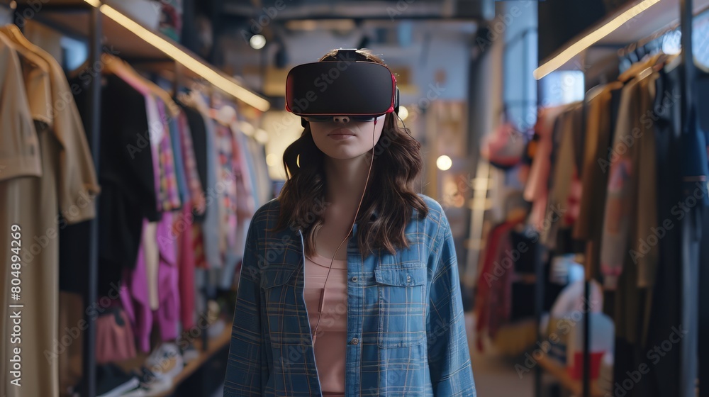 A woman wearing a virtual reality headset stands in a clothing store. The store is filled with various clothing items, including a few handbags. The woman is browsing through the store