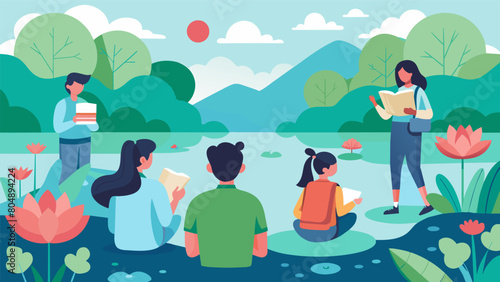 Against the backdrop of a tranquil lake a group of students breathe deeply while capturing the serene beauty of lily pads and lotus flowers in their. Vector illustration