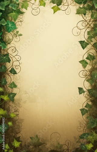 A beautiful illustration of a plant with green leaves and brown vines growing on a beige background.