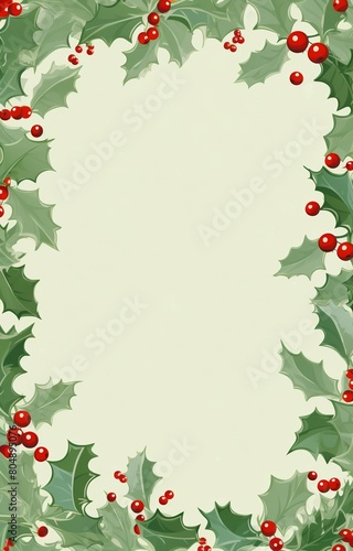 A border of holly leaves and berries on a beige background.