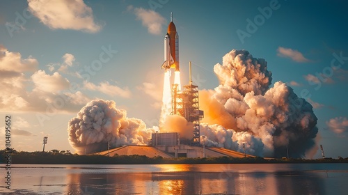 Powerful Rocket Launch from Kennedy Space Center Amidst Billowing Smoke and Fire as Massive Spacecraft Lifts Off into the Vibrant Morning Sky