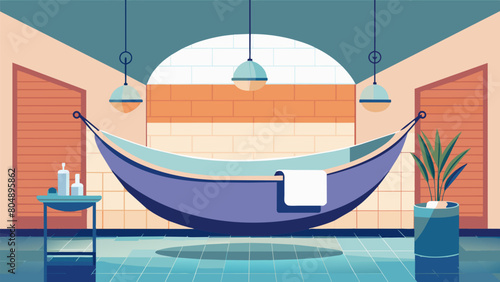 A spalike bathroom complete with a large soaking tub and a hammock suspended above it perfect for melting away the days stresses..