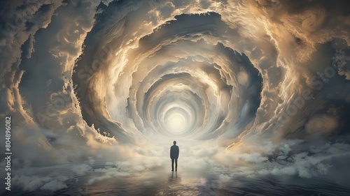 Man stands in the center of an infinite tunnel of light and clouds, with a surreal, light at the end of tunnel, death