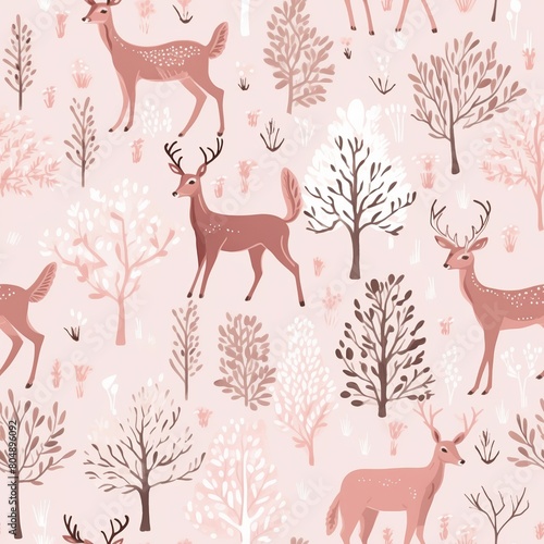 A seamless pattern of cartoon deer and trees in a pink background