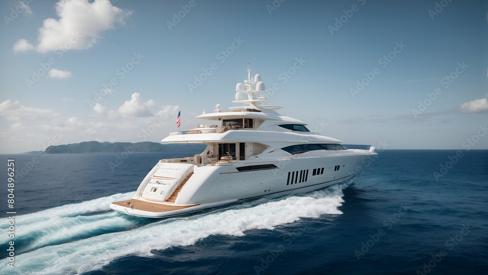 A luxurious white yacht gliding gracefully across a deep blue ocean A luxurious white yacht gliding gracefully across a deep blue ocean