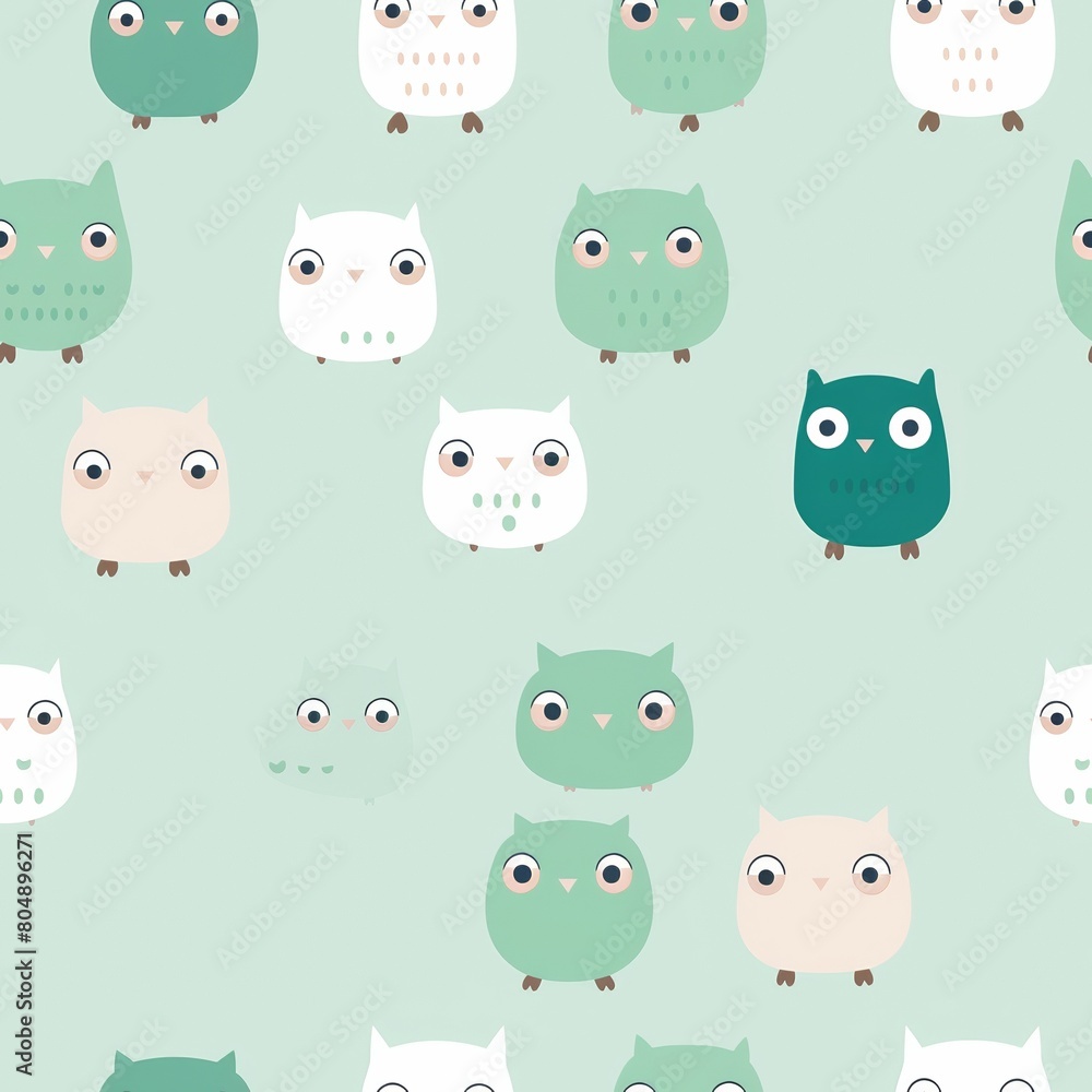A seamless pattern of cute owls on a green background. The owls are various shades of green, white, and brown. A seamless pattern of cute owls on a green background. The owls are various shades of green, white, and brown.