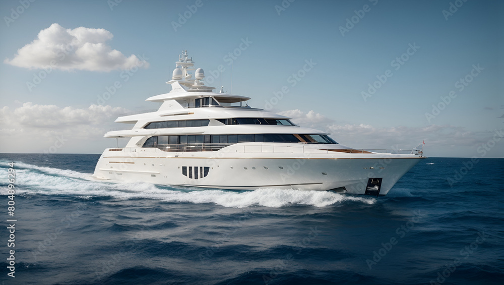 A luxurious white yacht gliding gracefully across a deep blue ocean A luxurious white yacht gliding gracefully across a deep blue ocean