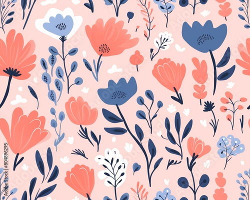A seamless pattern of hand-drawn flowers and leaves in a pink, blue and orange color scheme.