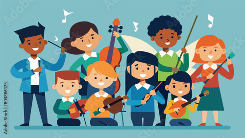 A youth orchestra program where children from different schools and backgrounds come together to learn and perform orchestral music as a team. Vector illustration