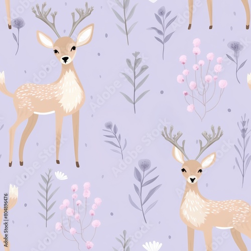 A seamless pattern with cute deer and floral elements.