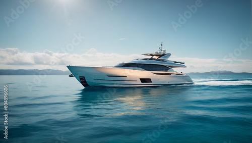 A modern yacht its hull reflecting the sun's rays, sailing through a vast expanse of azure water