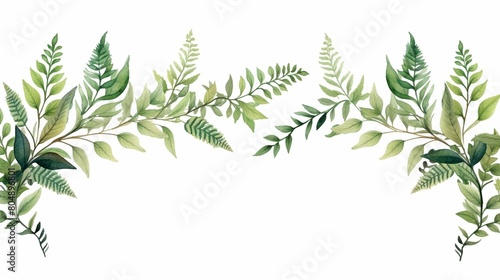 A watercolor painting of a variety of green leaves and ferns in a half-circle arrangement on a white background.