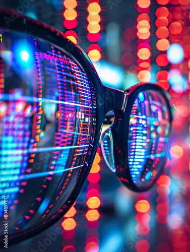 Glasses reflecting binary code and colorful lights in the background.