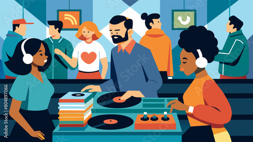 As the DJ spins some classic hits in the background customers bob their heads along digging through crates of vinyl in a musical trance. Vector illustration