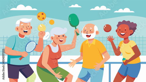 A group of retired friends participate in a friendly game of outdoor pickleball laughing and cheering on each others efforts.. Vector illustration