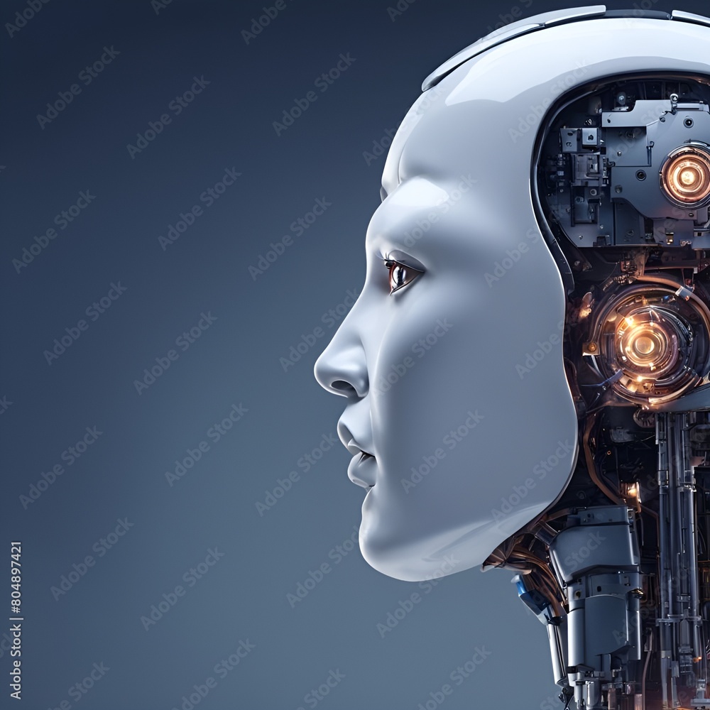 Head of a Robot | Technology | Robotic head on grey background Head of a Robot | Technology | Robotic head on grey background