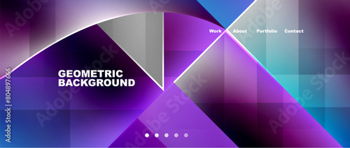 An artful geometric background featuring parallel purple and electric blue lines in a symmetrical pattern, creating a vibrant display of triangles and bold colors like violet and magenta