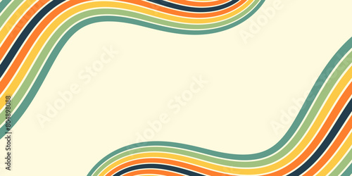 Abstract colorful 70s background vector. Vintage retro wallpaper with rainbow stripes and wavy lines. A 1970 color illustration suitable for posters, banners, decorative items and wall art.