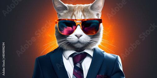 Orange Cat With Sunglasses And Tie A Stylish And Playful Portrait
 photo