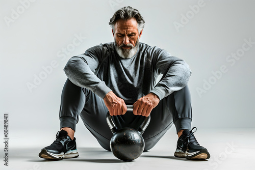 A senior man working exercise with a kettle bell