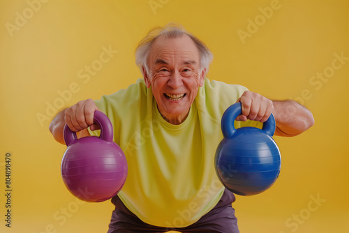 A senior man working exercise with a kettle bell © AungThurein