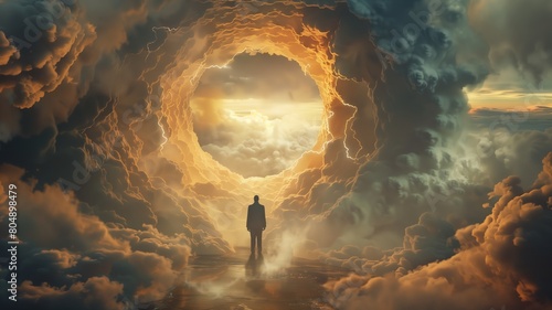  Man stands in the center of an infinite tunnel of light and clouds, with a surreal, light at the end of tunnel, death photo