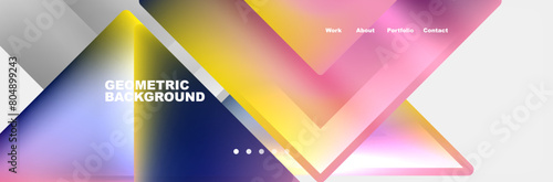 A vibrant geometric pattern of colorful triangles in shades of violet, magenta, and electric blue on a white background, creating a dynamic and eyecatching design
