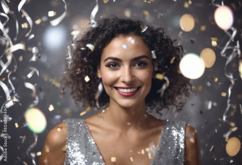 'New sparkly happy woman blurred american wearing celebration latin Beautiful confetti dress eve silver Year background. party concept fashion beauty glamour christma'