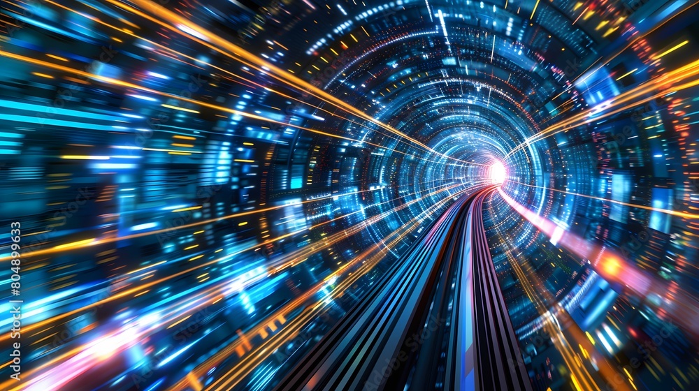 Obraz premium digital data flow on road in concept of program coding with graphic creating vision of fast speed transfer to show digital transformation , disruptive innovation