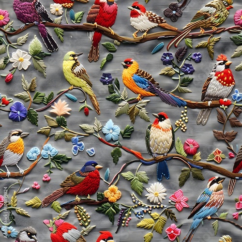 A embroidery of colourful birds perced on a branch tile seamless background photo