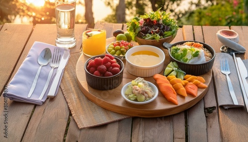 A serene setting showcasing a balanced meal with a focus on mindful eating  featuring nutritious foods that promote a healthy diet and lifestyle.