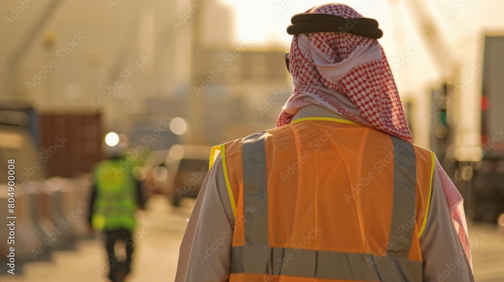An Arab man equipped with a safety vest gazes into the distance at a construction site, suggesting development and progress in the Middle East An Arab man equipped with a safety vest gazes into the distance at a construction site, suggesting development and progress in the Middle East