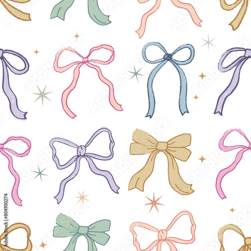 Colorful seamless pattern of coquette bows transparent background
